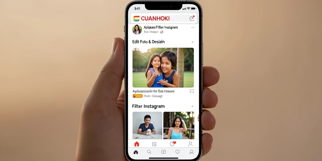 Tampilan antarmuka aplikasi CUANHOKI dengan pilihan filter Instagram yang modern.