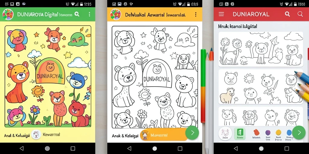 Antarmuka DUNIAROYAL yang sederhana dan penuh warna untuk anak-anak.
